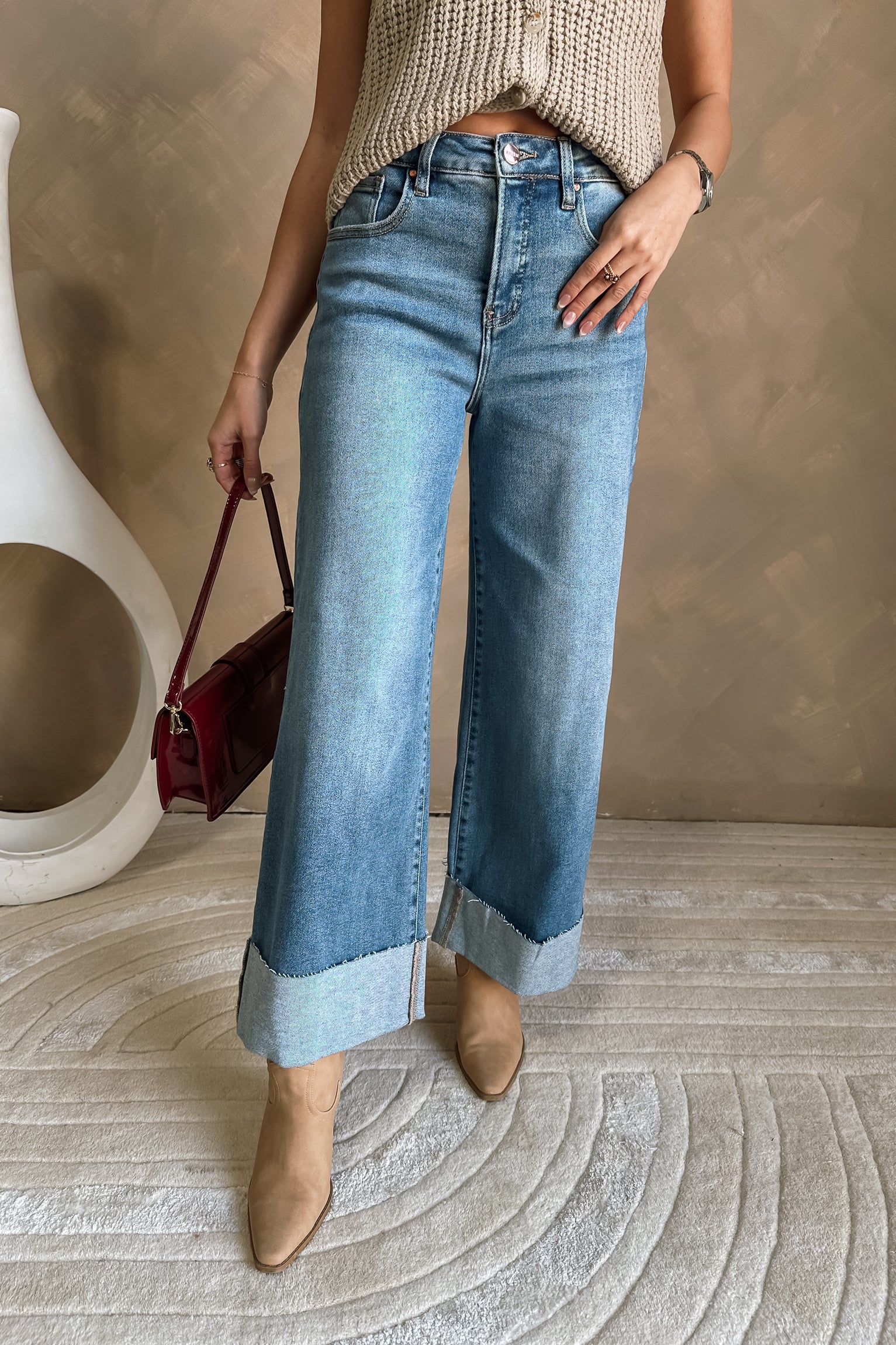 Kaia Medium Wash Wide Leg Jeans-front close up detail view