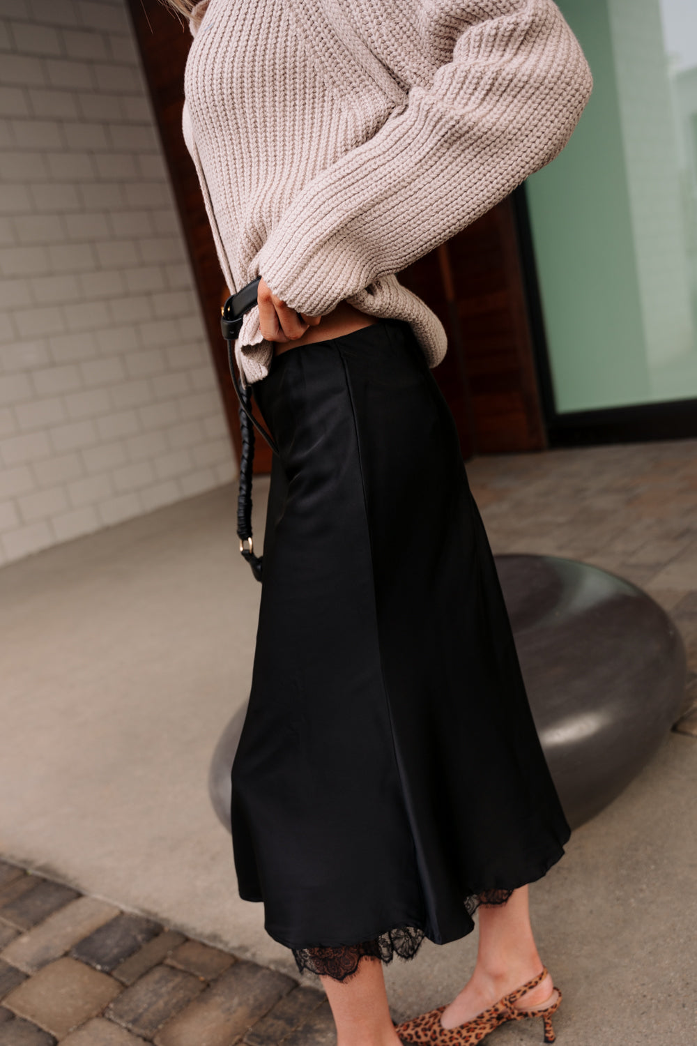 Ayla Black Satin Lace Midi Skirt Lizard Thicket