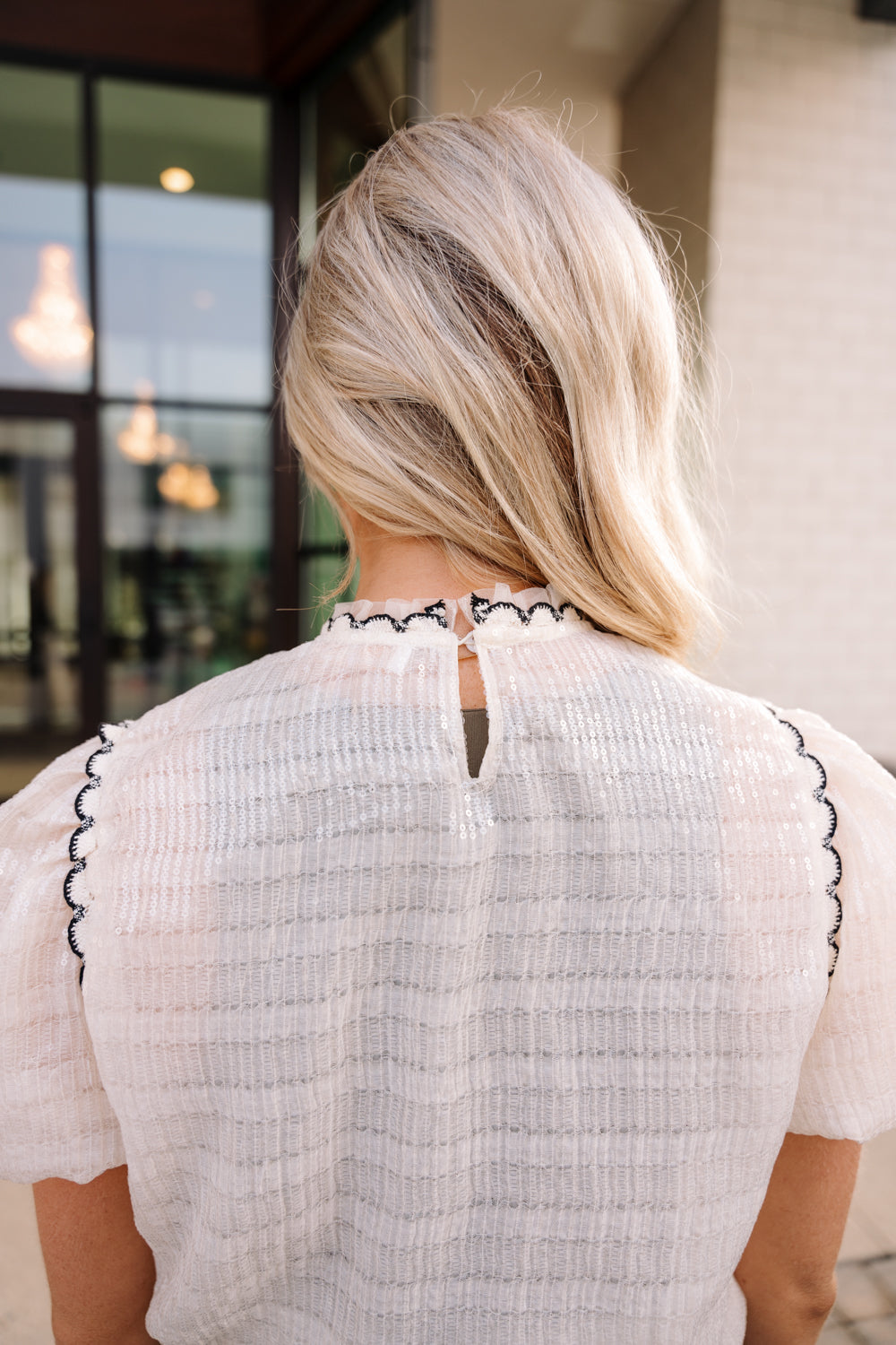 Emilia Black & Ivory Sequin Short Sleeve Top- back view