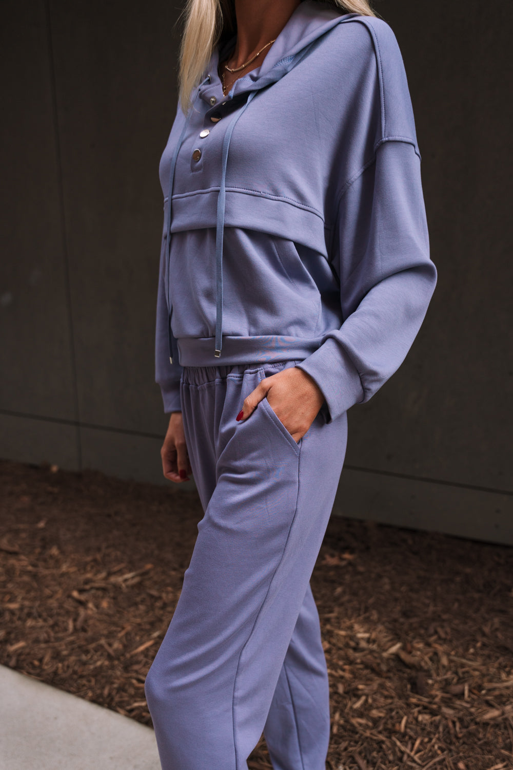 Liana Stone Blue Jogger Pant- close up side view