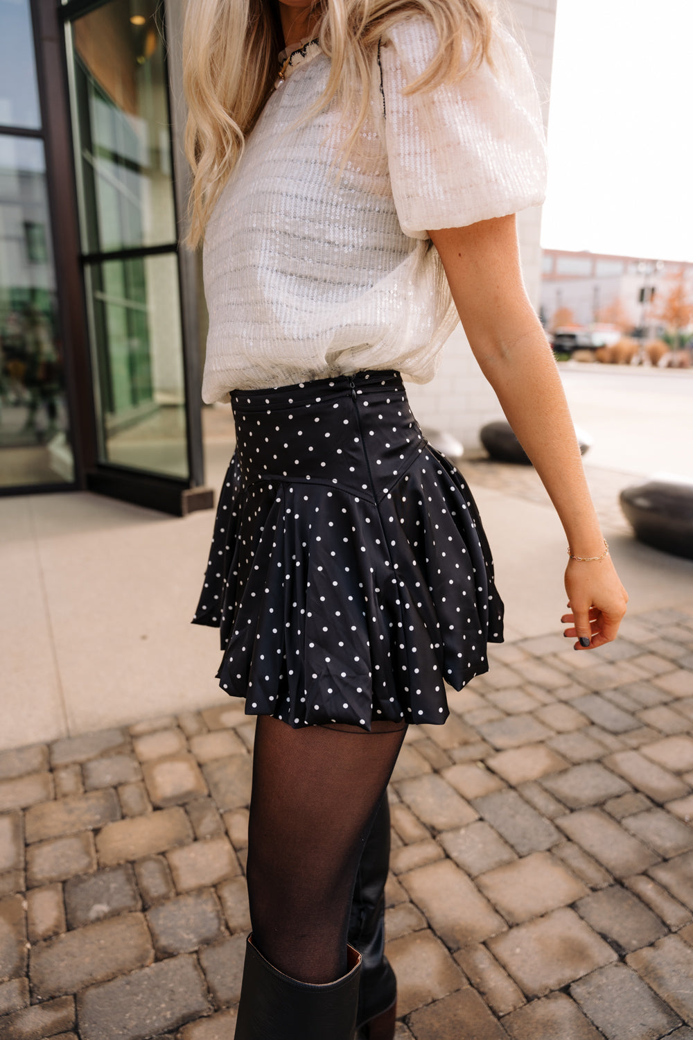 Natalia Black & Cream Polka Dot Satin Skirt- frontal side view