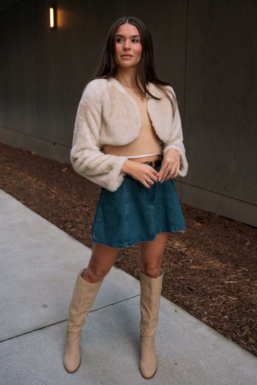 Gloria Ivory Faux Fur Cropped Jacket- full body view