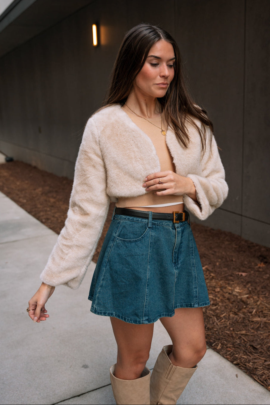 Gloria Ivory Faux Fur Cropped Jacket- frontal side view