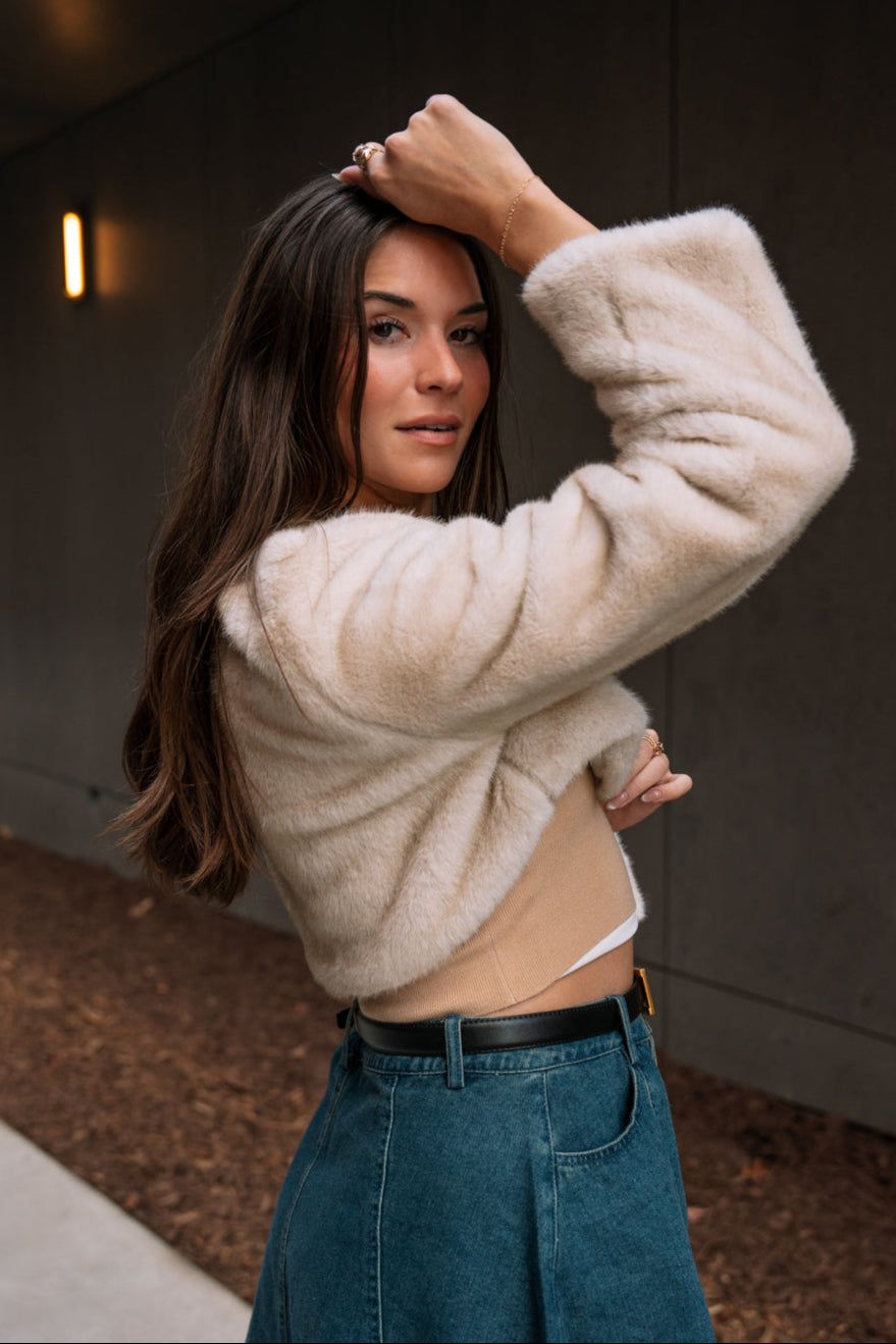 Gloria Ivory Faux Fur Cropped Jacket- close up side view