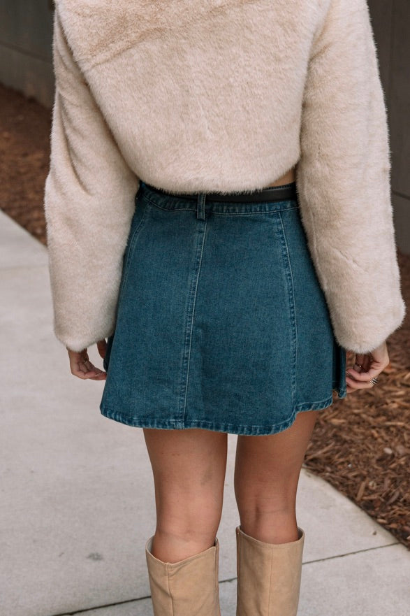 Aleena Dark Denim Flare Mini Skirt- close up back view