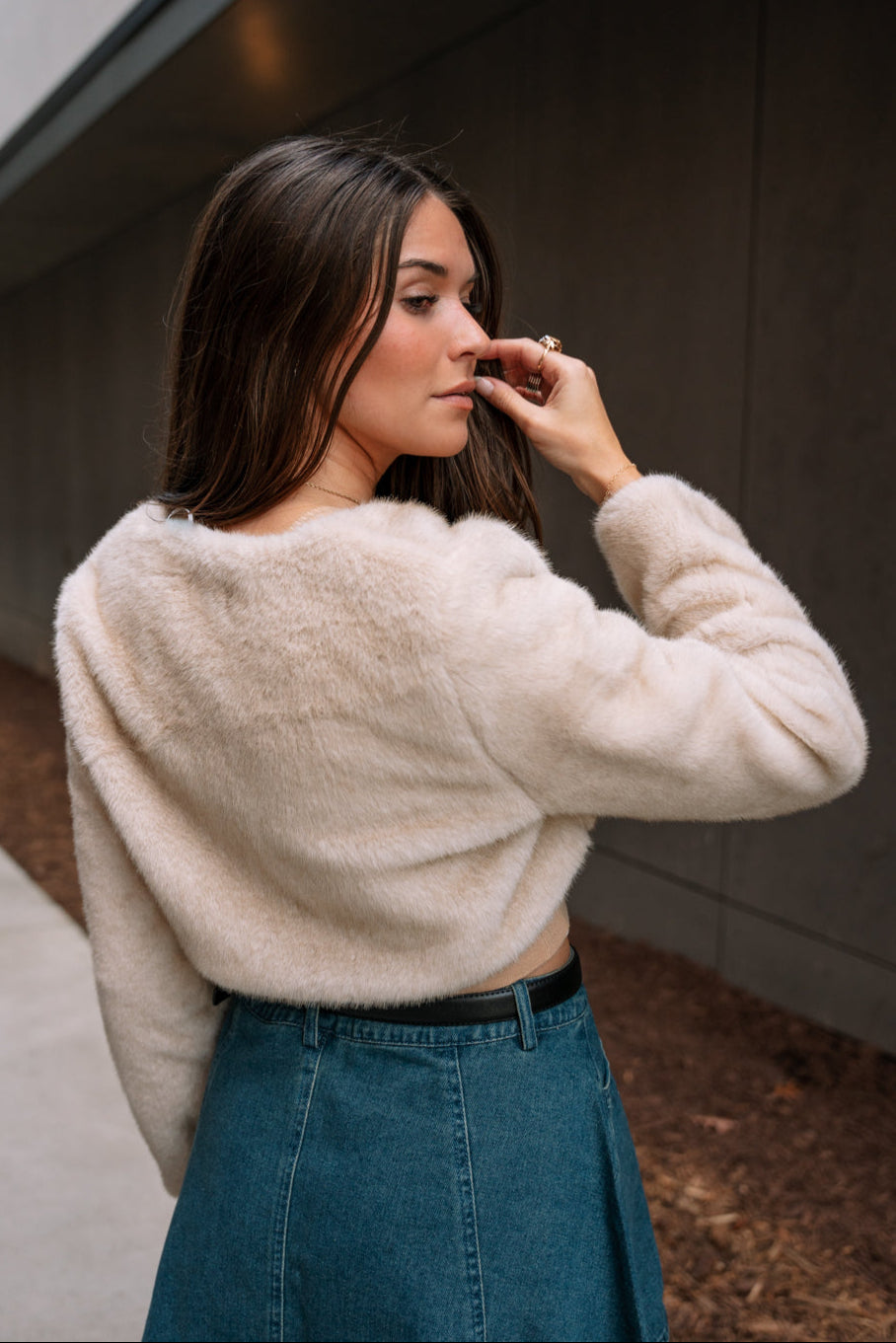 Gloria Ivory Faux Fur Cropped Jacket- close up back view