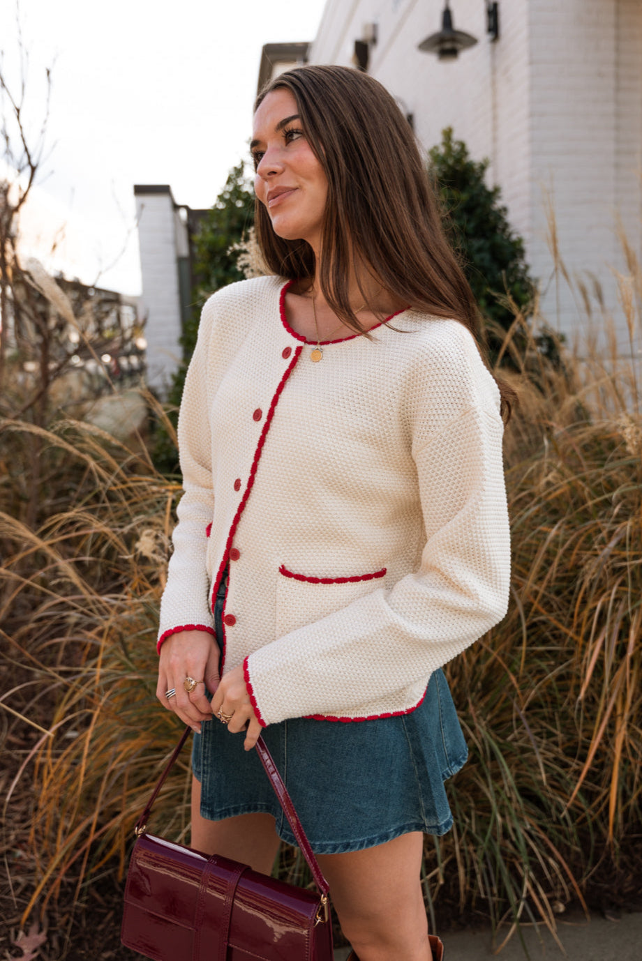 Elora Cream & Red Button-Up Cardigan- frontal side view