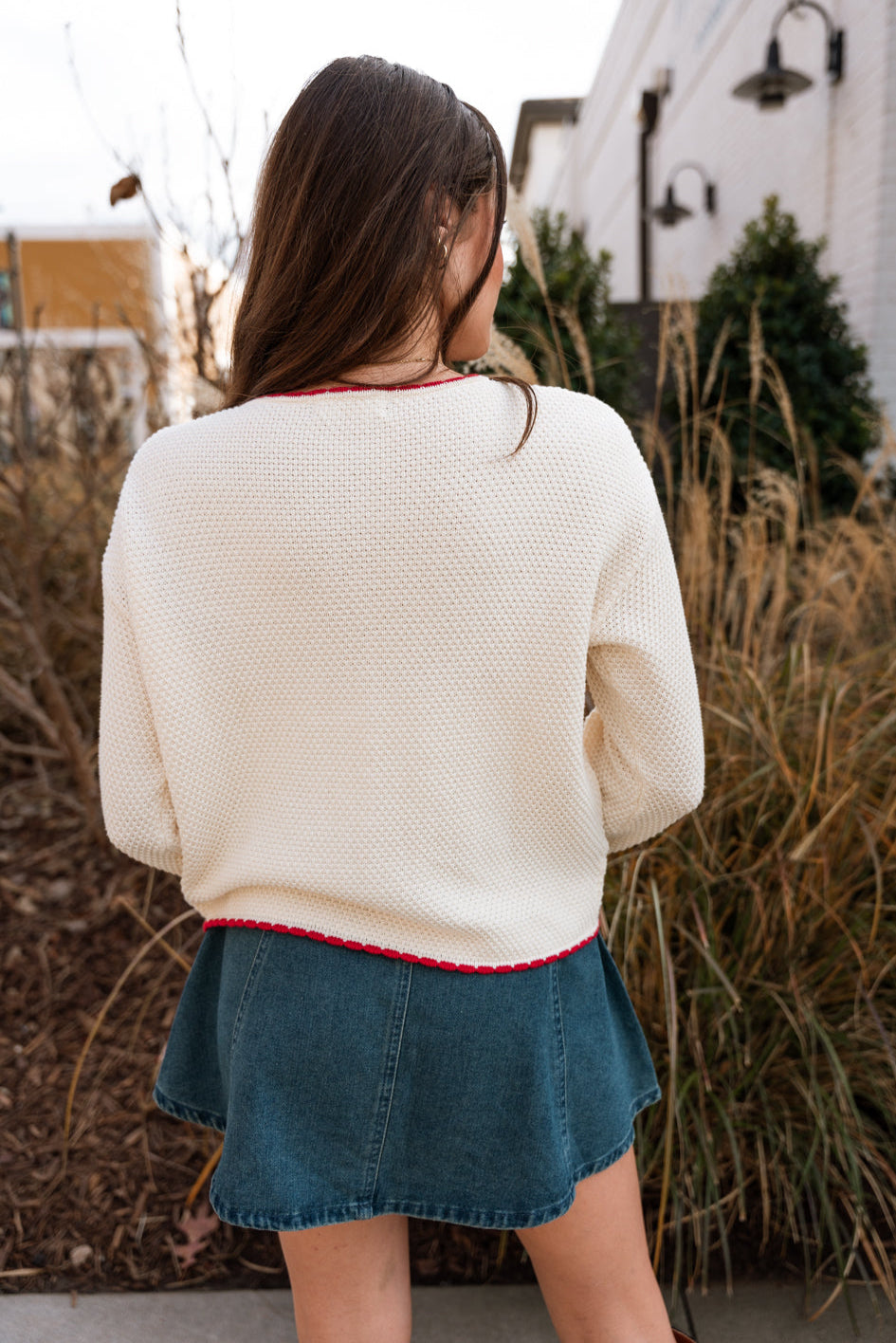 Elora Cream & Red Button-Up Cardigan- back view