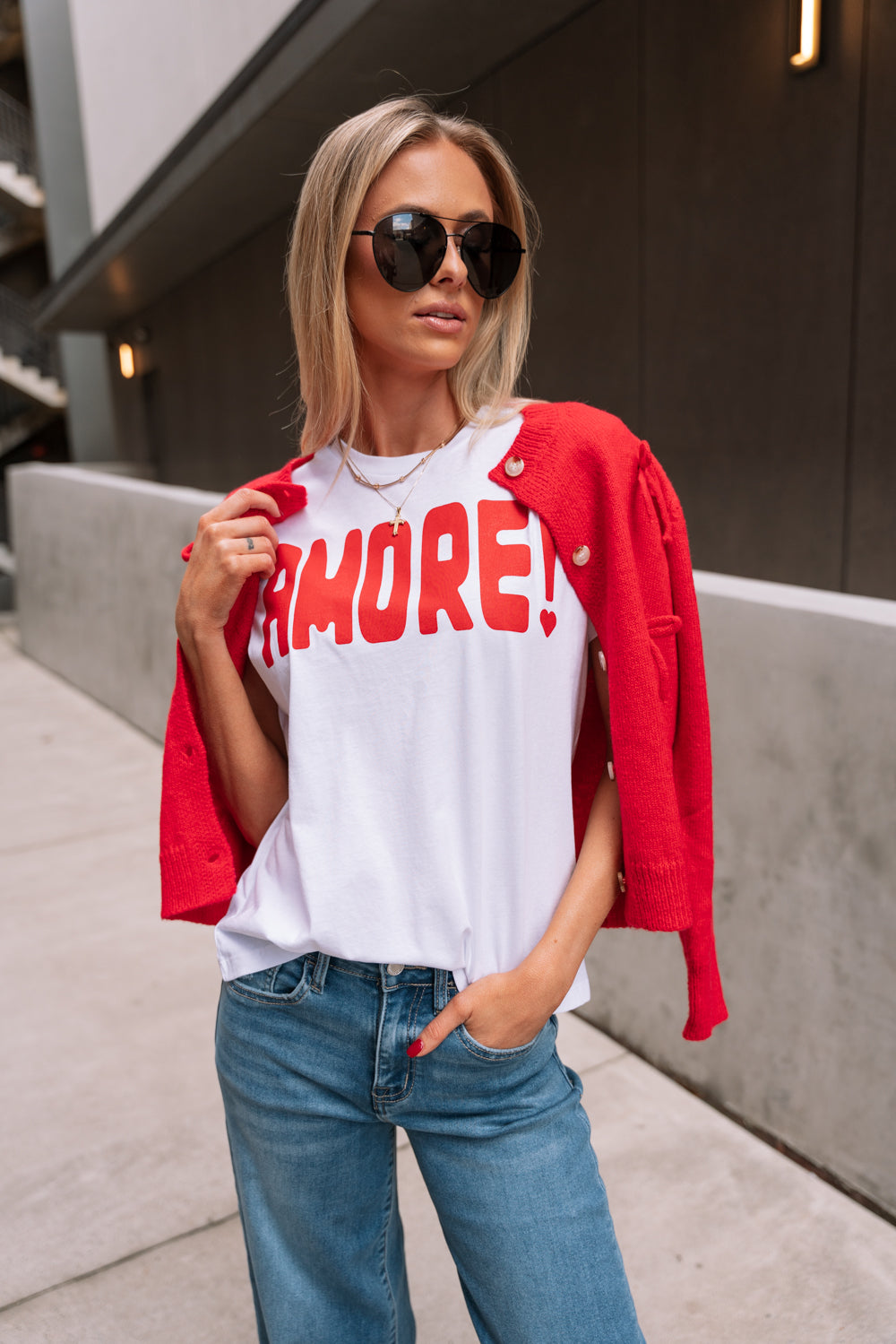 AMORE! Red & White Graphic Tee- front view