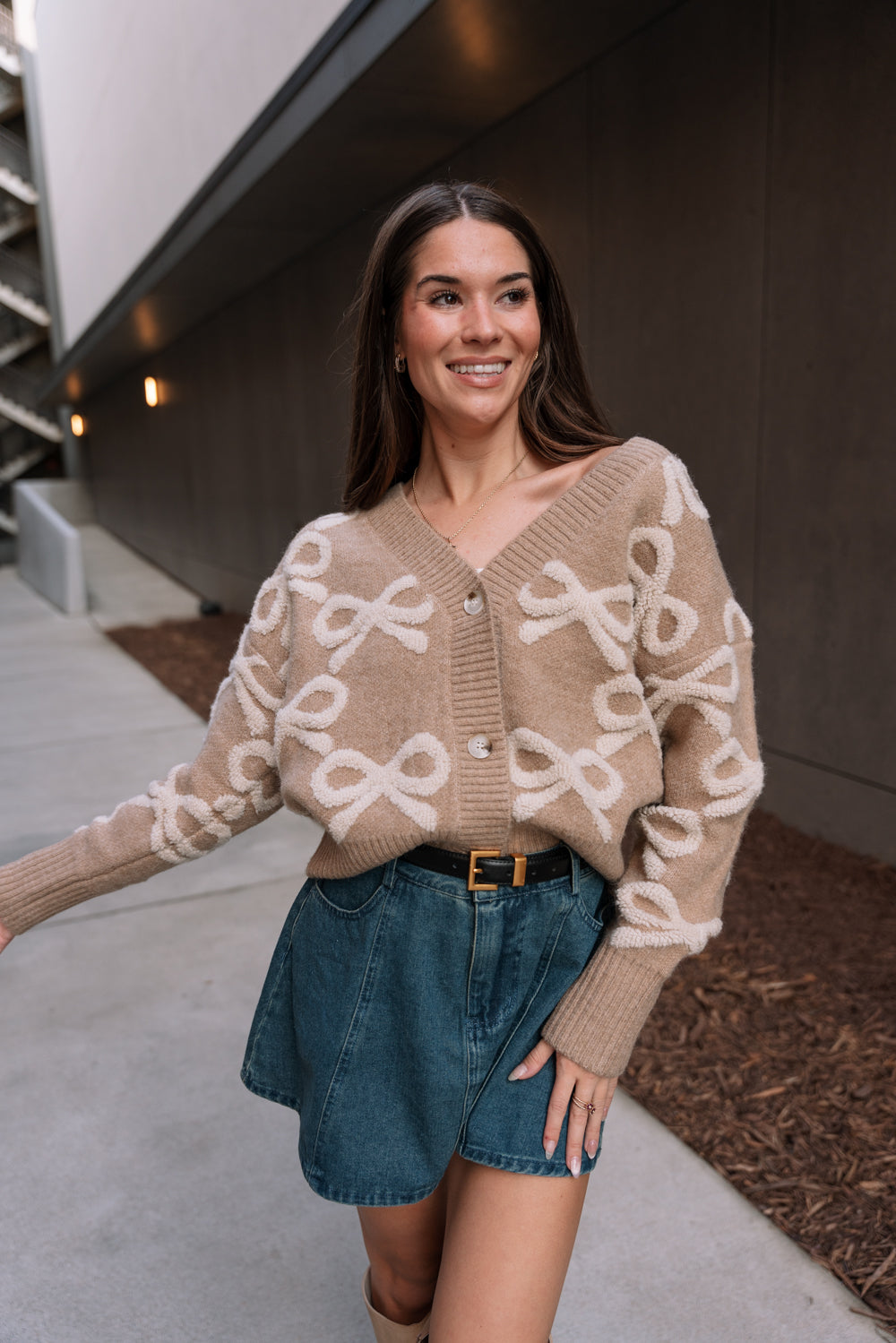 Carter Taupe & Cream Bows Knit Cardigan- front view