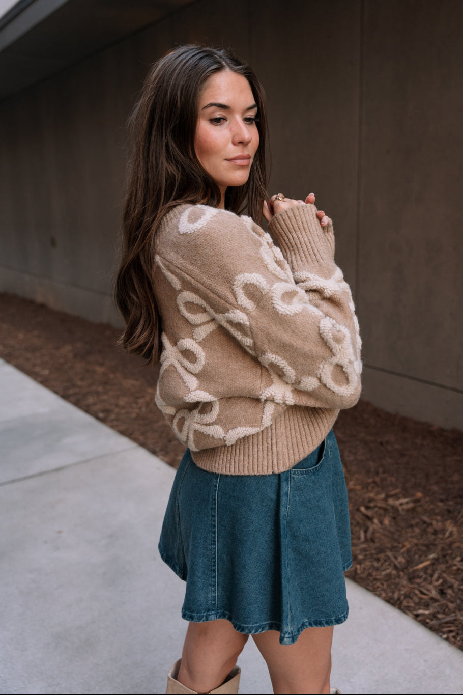 Carter Taupe & Cream Bows Knit Cardigan- side view