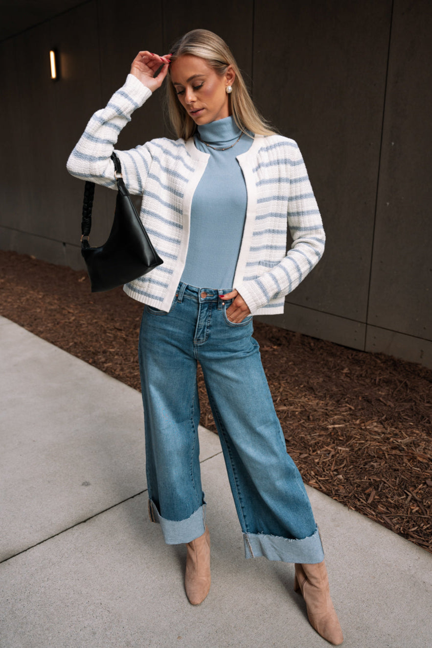 Lina Light Blue & White Stripe Cardigan- full body view