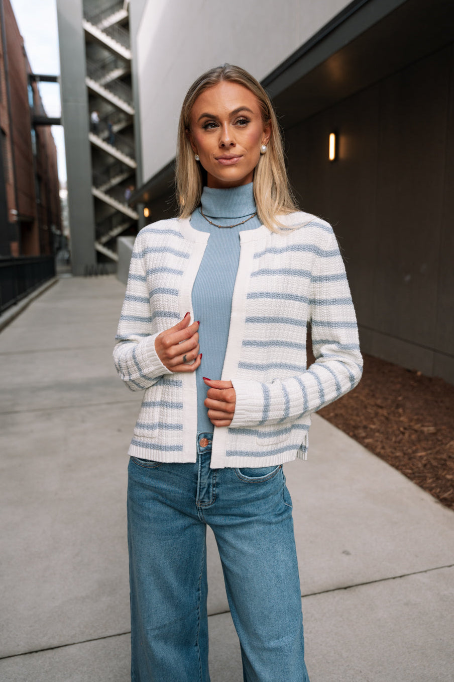 Lina Light Blue & White Stripe Cardigan- close up top view