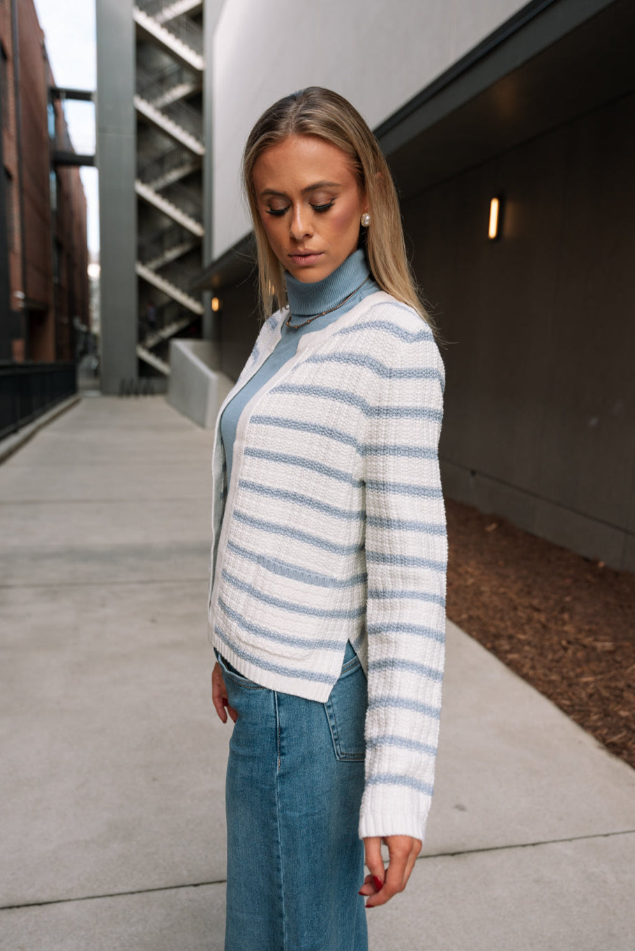 Lina Light Blue & White Stripe Cardigan- side view