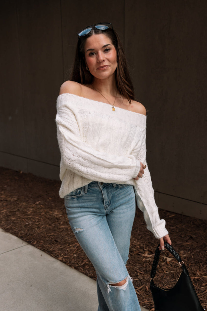 Rhea Ivory Cable Knit Off-The-Shoulder Sweater- front view