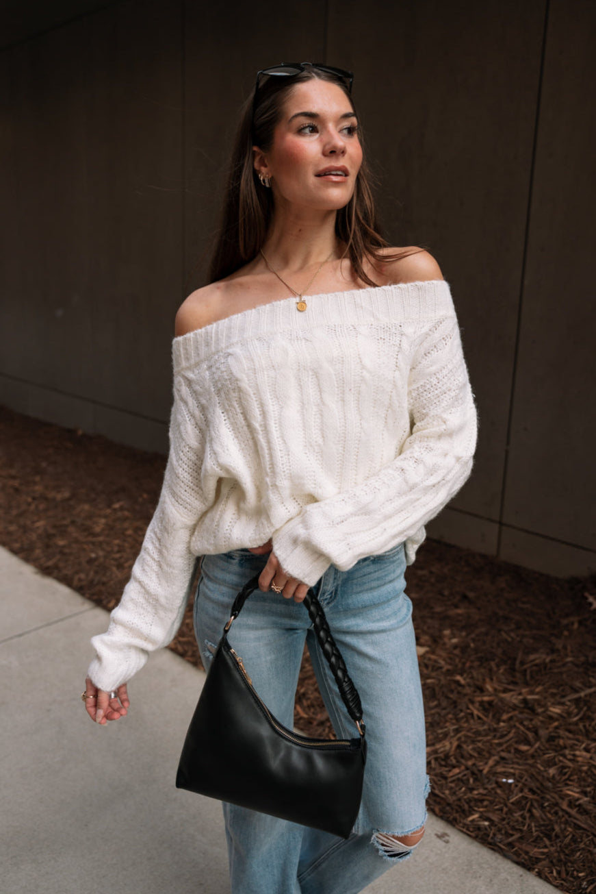 Rhea Ivory Cable Knit Off-The-Shoulder Sweater- frontal side view