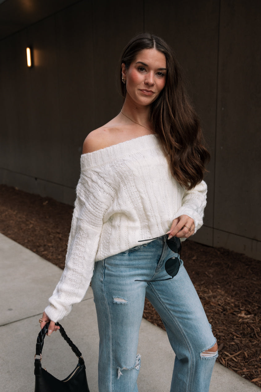 Rhea Ivory Cable Knit Off-The-Shoulder Sweater- side view