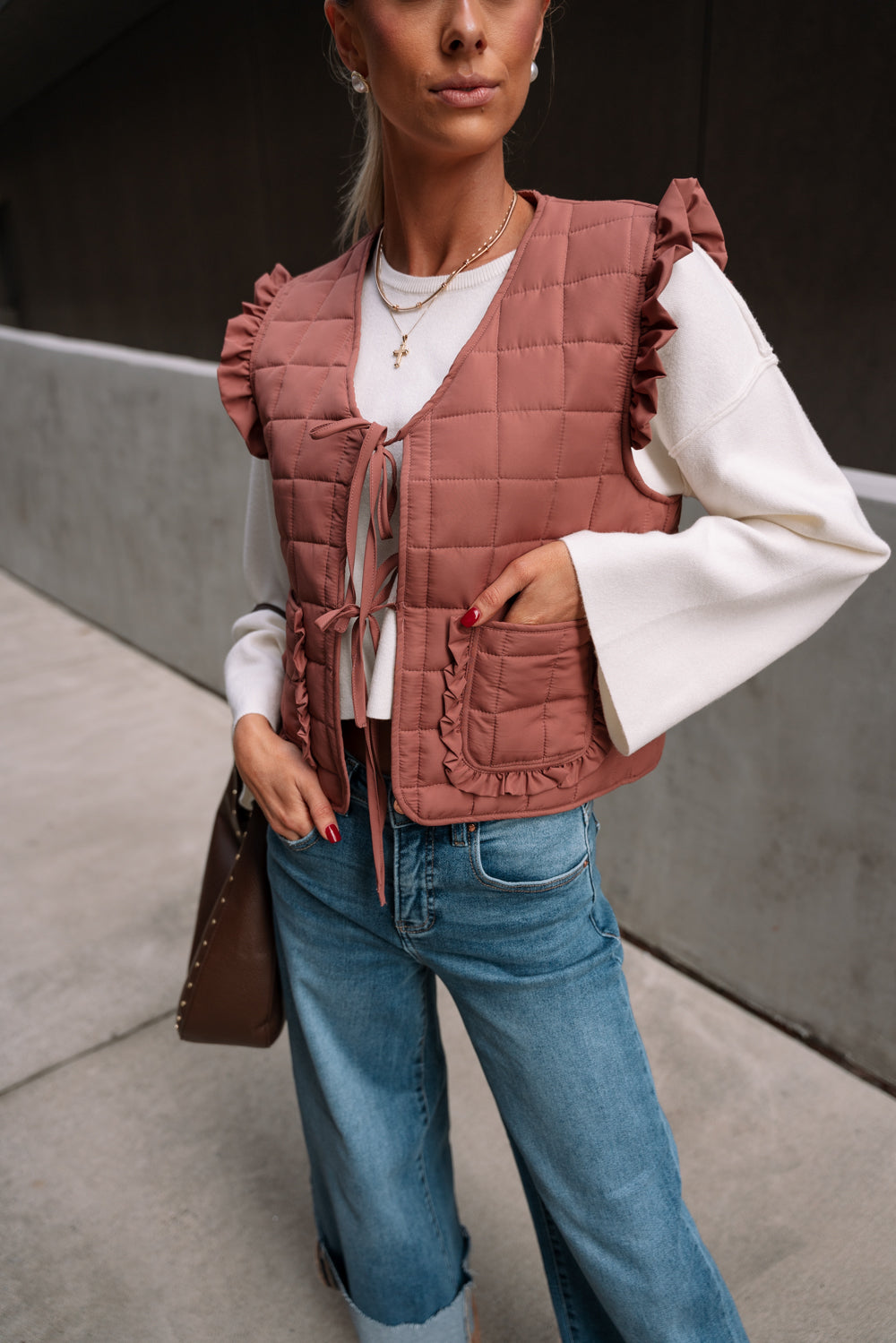 Lyra Mauve Puffer Ruffle Tie Vest- front view