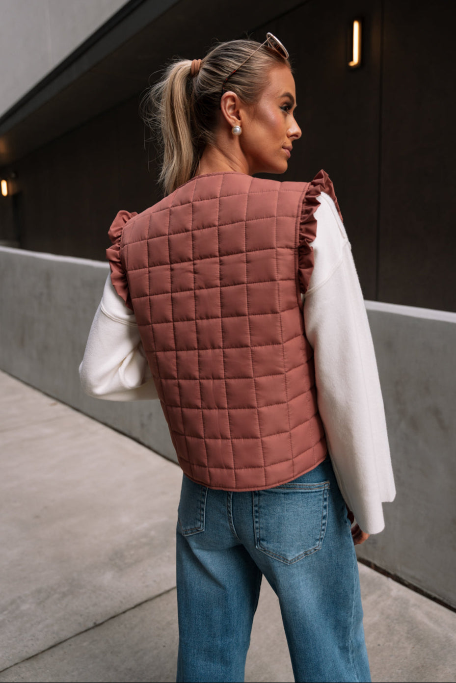 Lyra Mauve Puffer Ruffle Tie Vest- back view