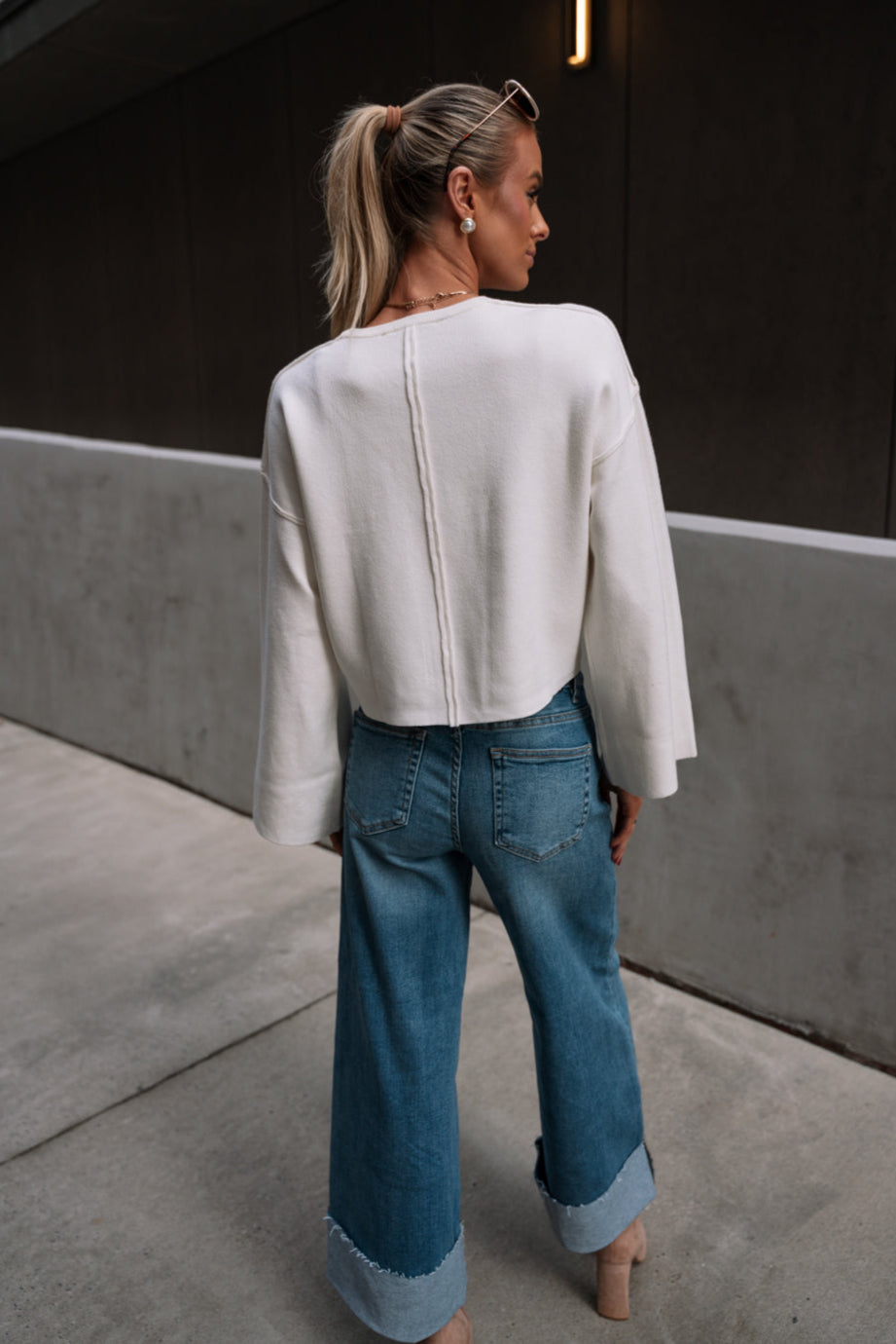 Haisley White Long Flare Sleeve Sweater- back view