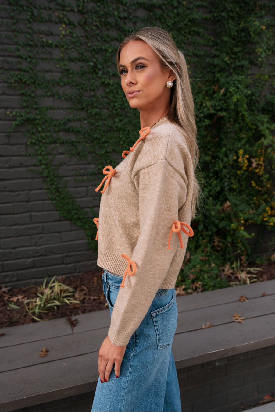 Cassidy Oatmeal & Orange Bows Knit Sweater- side view