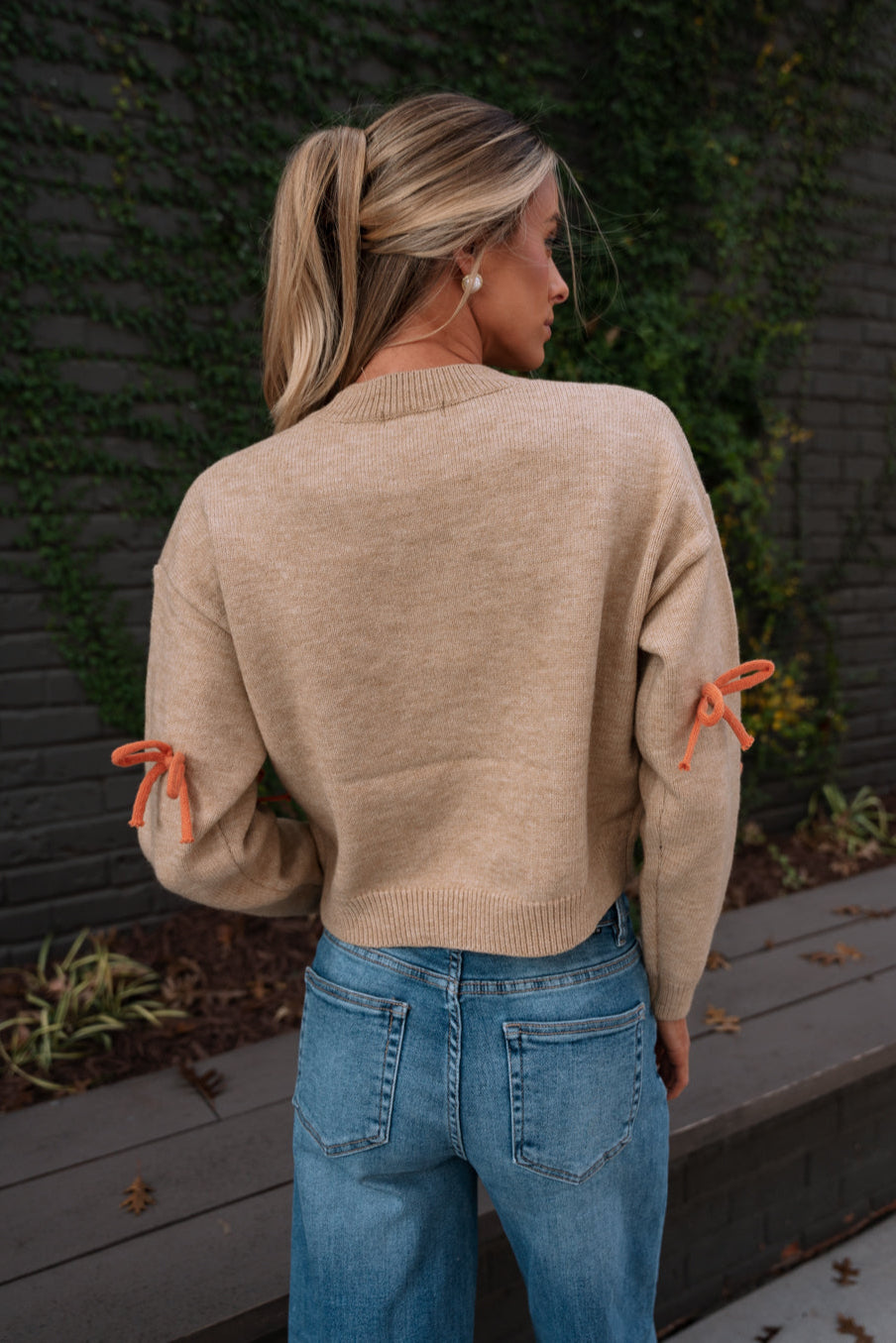 Cassidy Oatmeal & Orange Bows Knit Sweater- back view