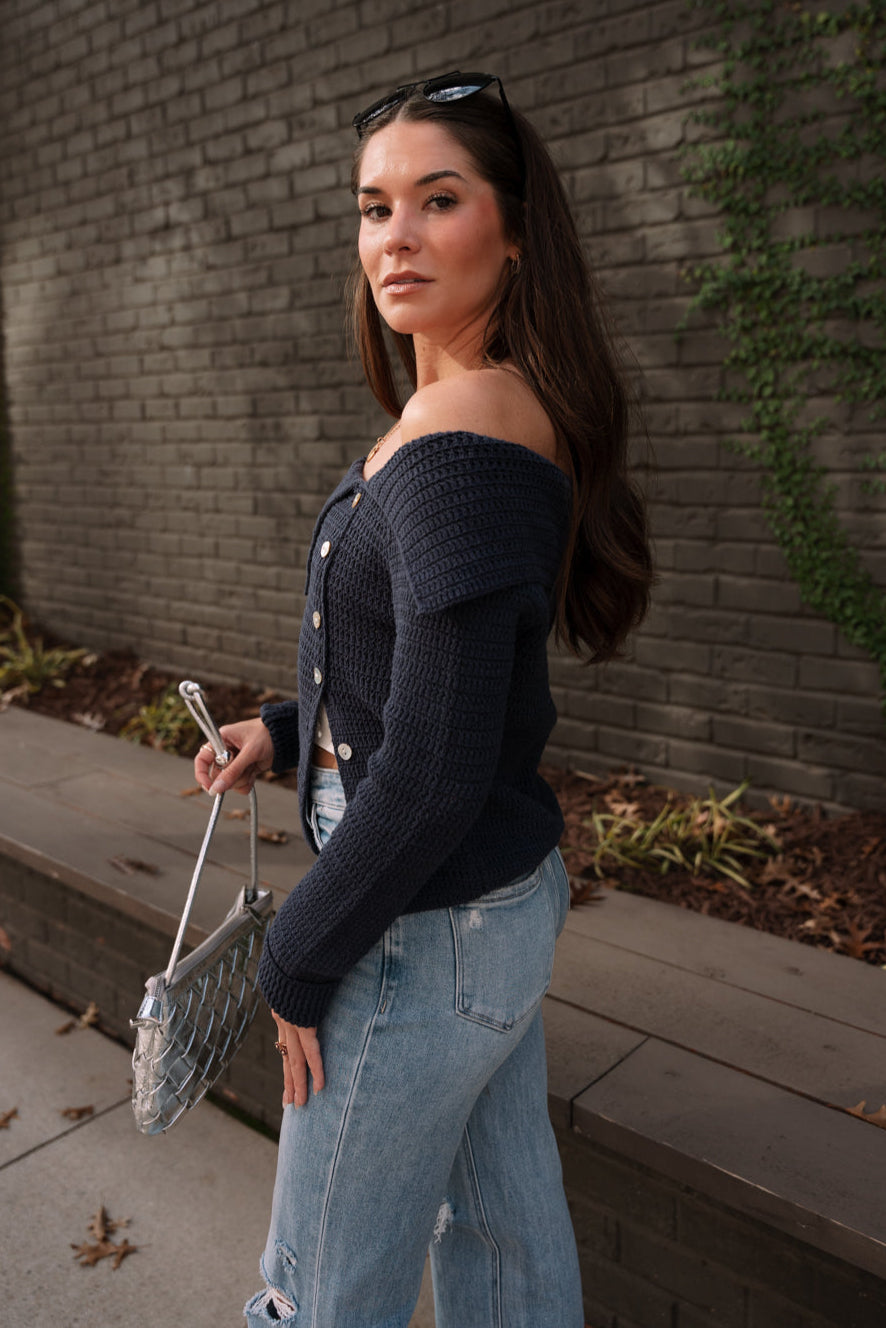 Lillian Navy Ribbed Knit Long Sleeve Cardigan- side view