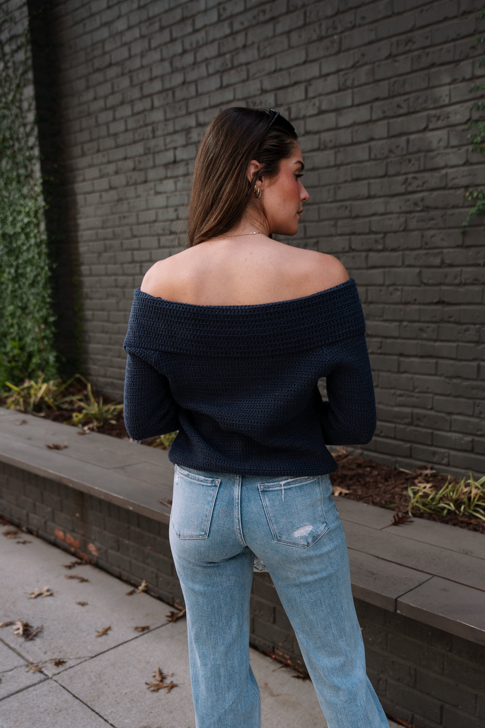 Lillian Navy Ribbed Knit Long Sleeve Cardigan- back view