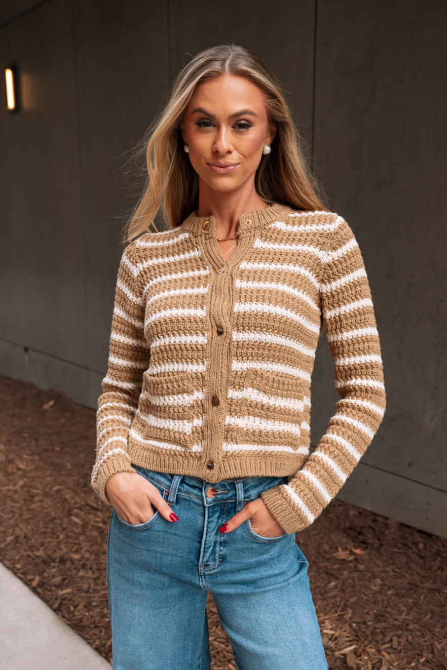 Danielle Mocha & White Stripe Cardigan- front view