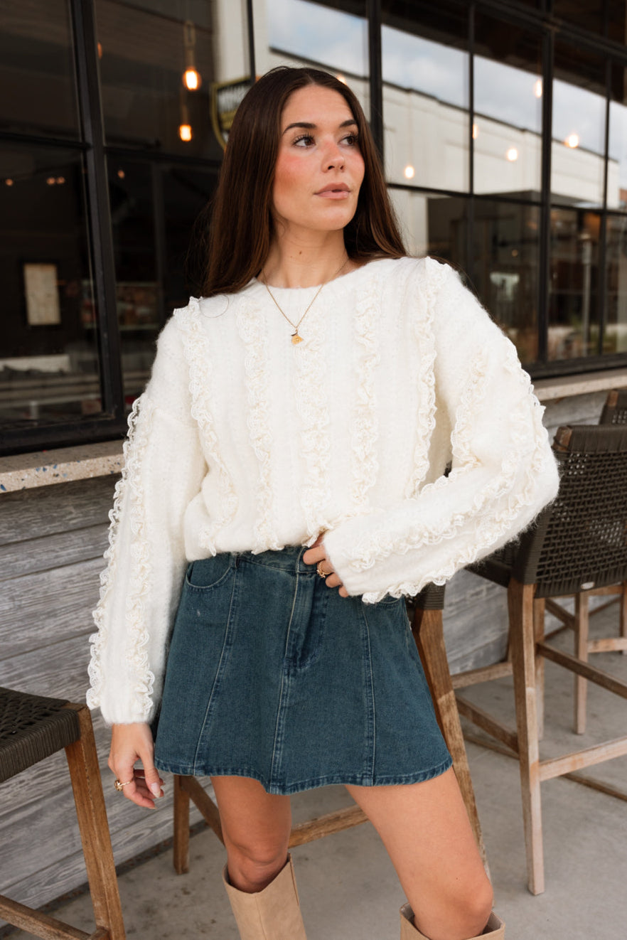 Lylah Ivory Ruffle & Lace Knit Sweater- front view