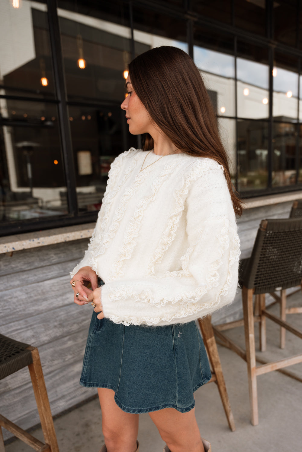 Lylah Ivory Ruffle & Lace Knit Sweater- frontal side view