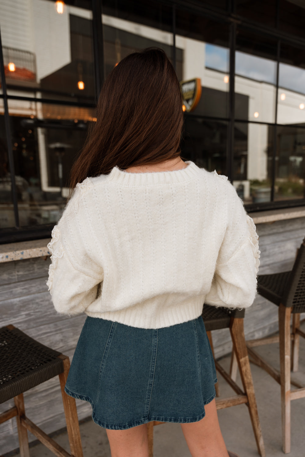 Lylah Ivory Ruffle & Lace Knit Sweater- back view