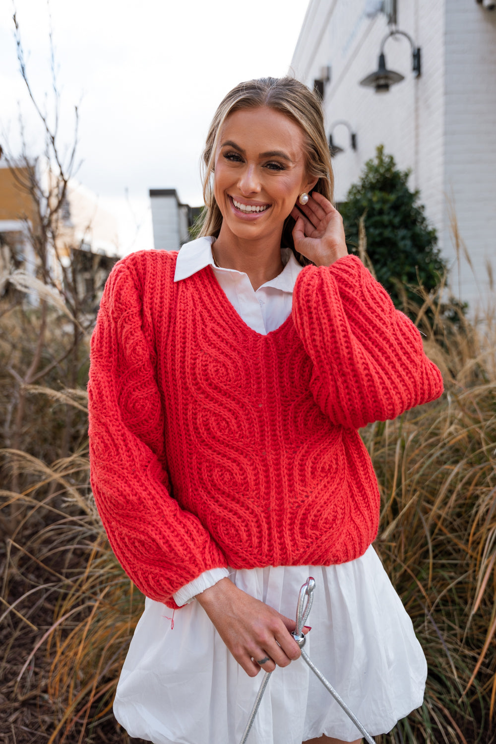 Mallory Red Cable Knit V-Neck Sweater- close up front view