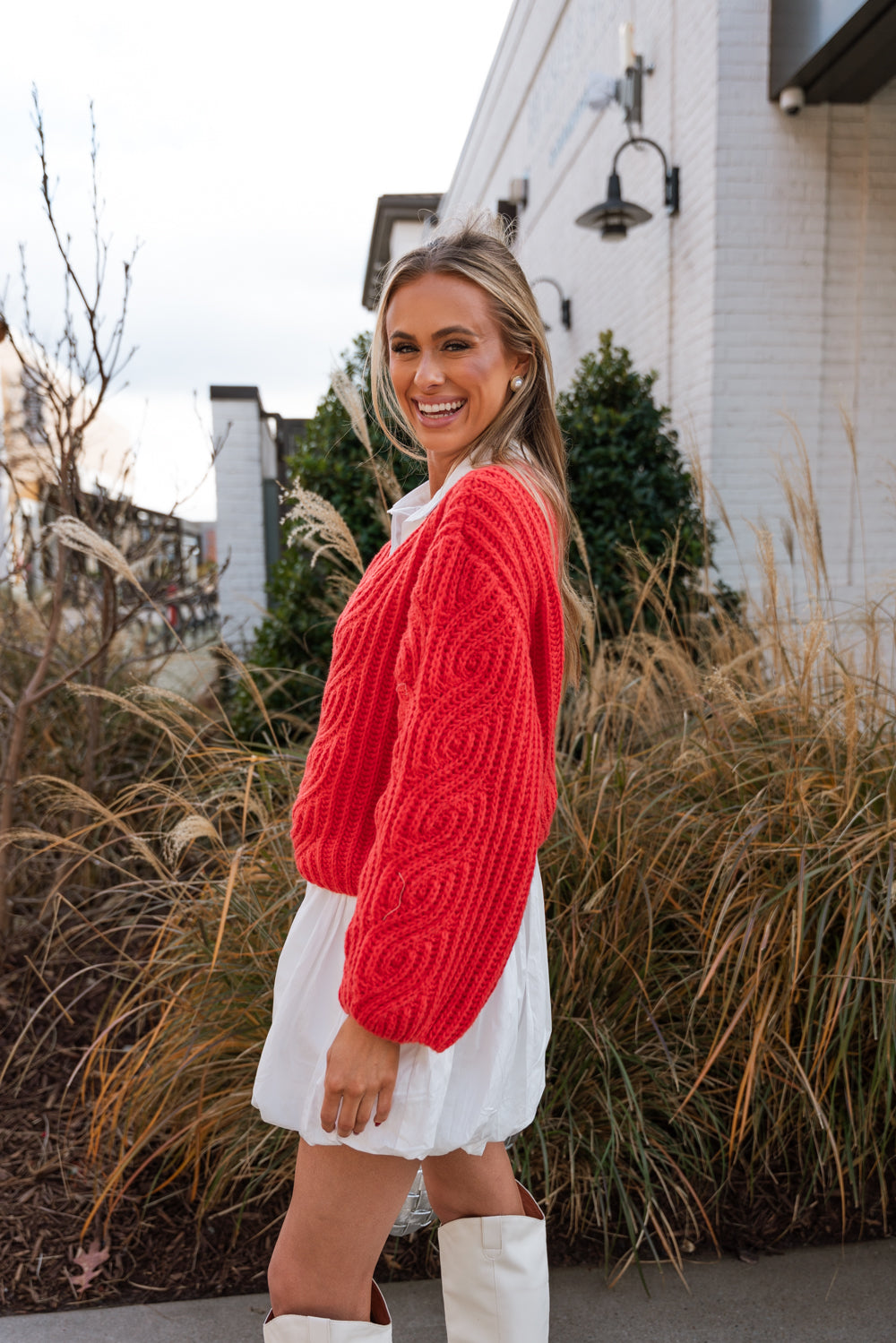 Mallory Red Cable Knit V-Neck Sweater- side view