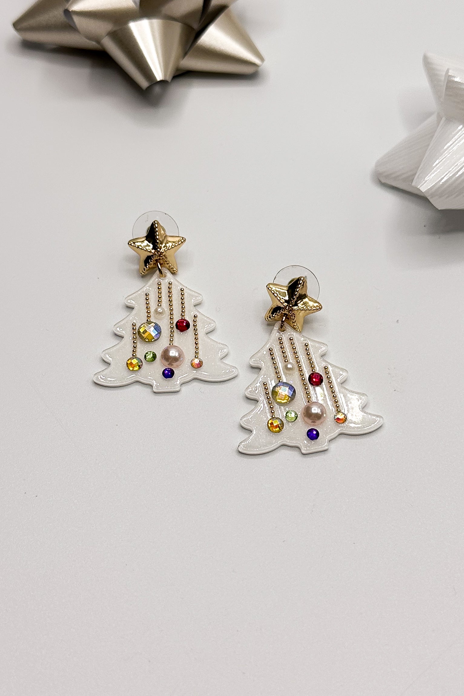 Cynthia White Multi Christmas Tree Earrings- flat lay view