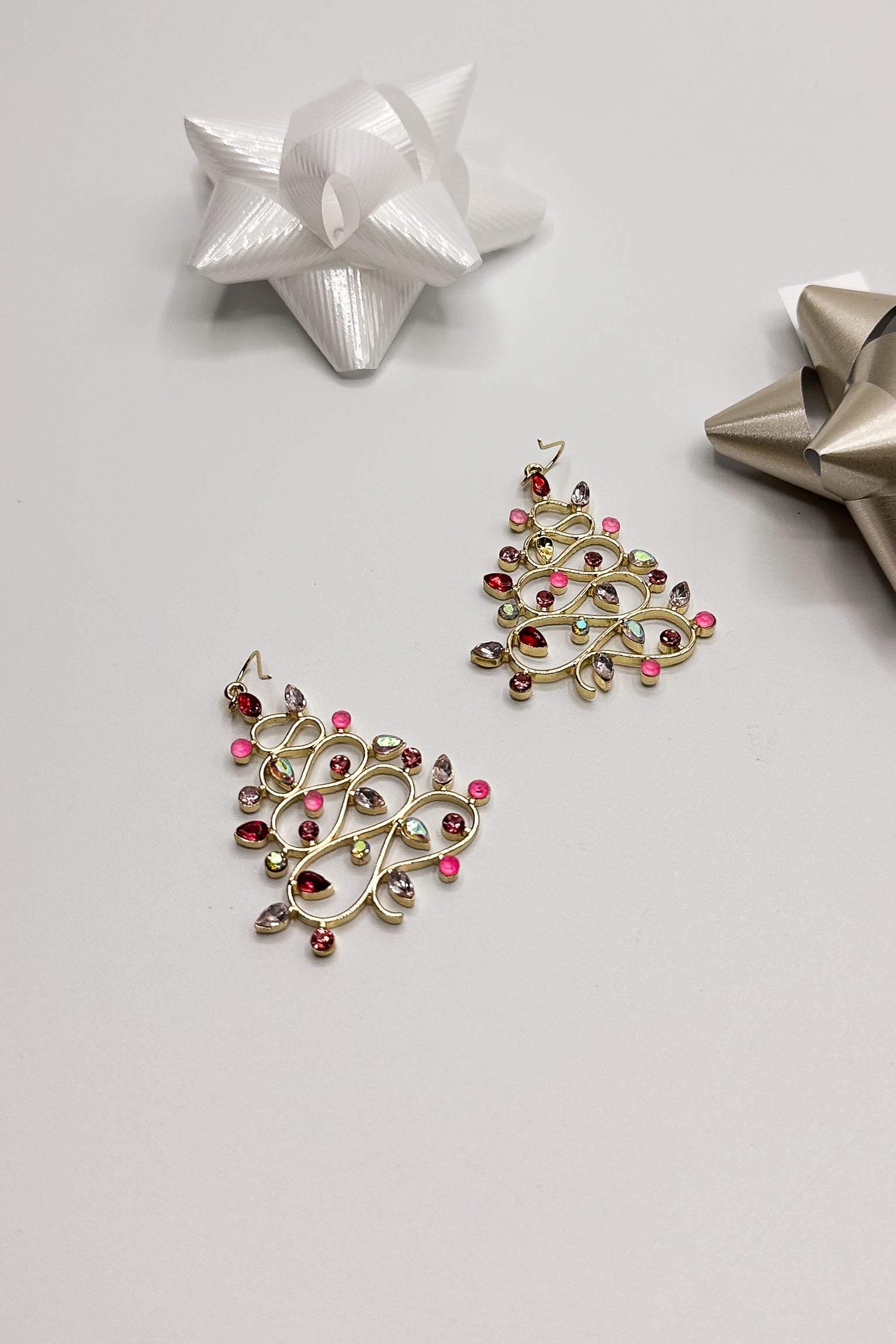 Christmas Tree Pink Dangle Earring- close up view