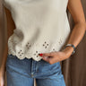 Anise Ecru Eyelet Knit Top- close up view