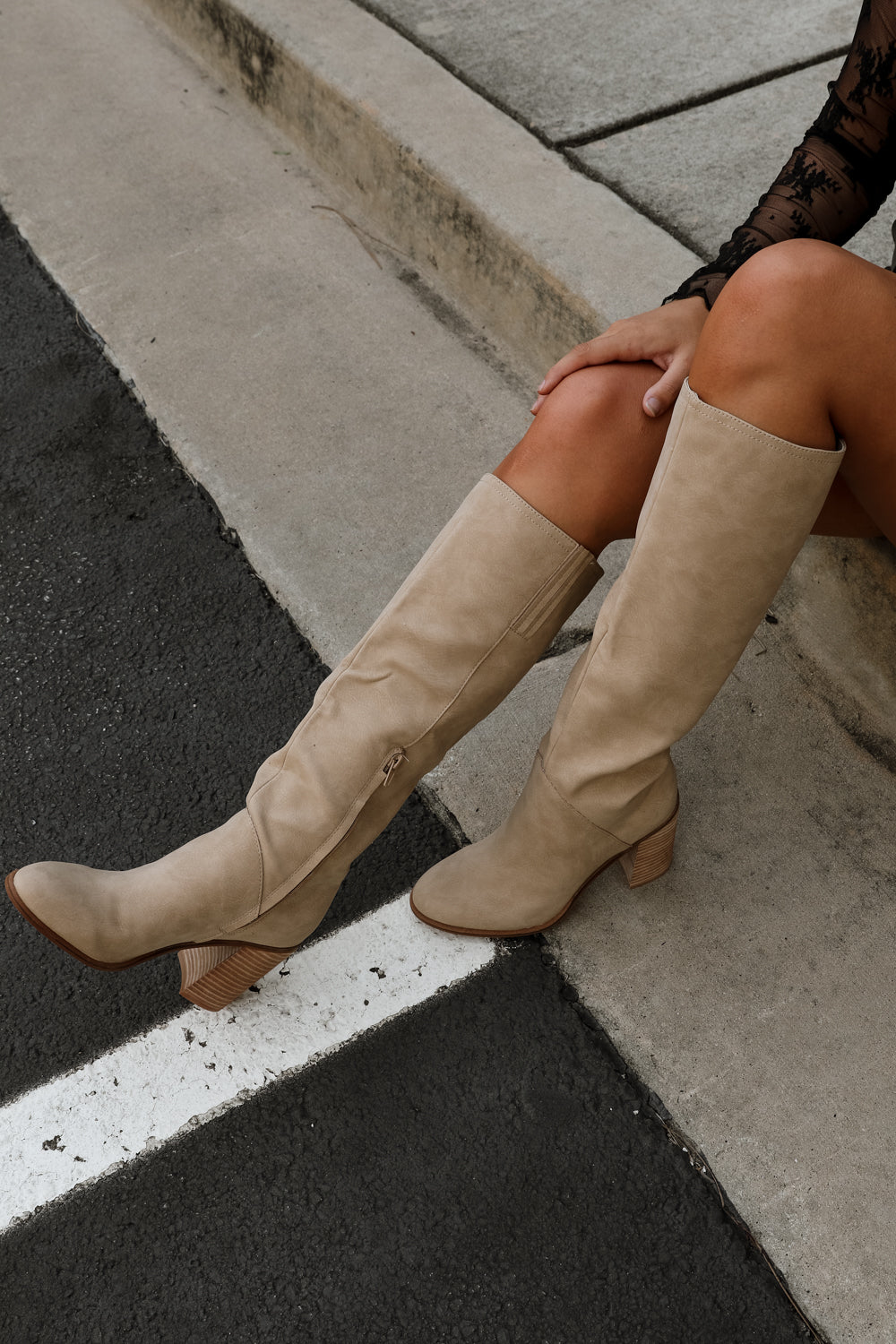 Shiloh Khaki Knee High Boot - top view on model