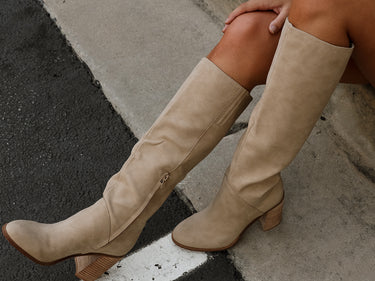 Shiloh Khaki Knee High Boot - top view on model