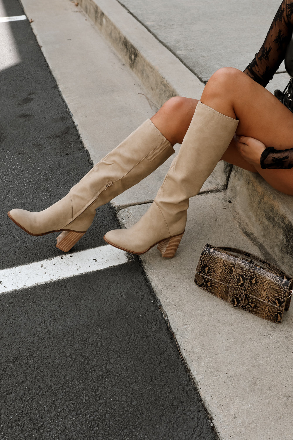 Shiloh Khaki Knee High Boot - side view on model