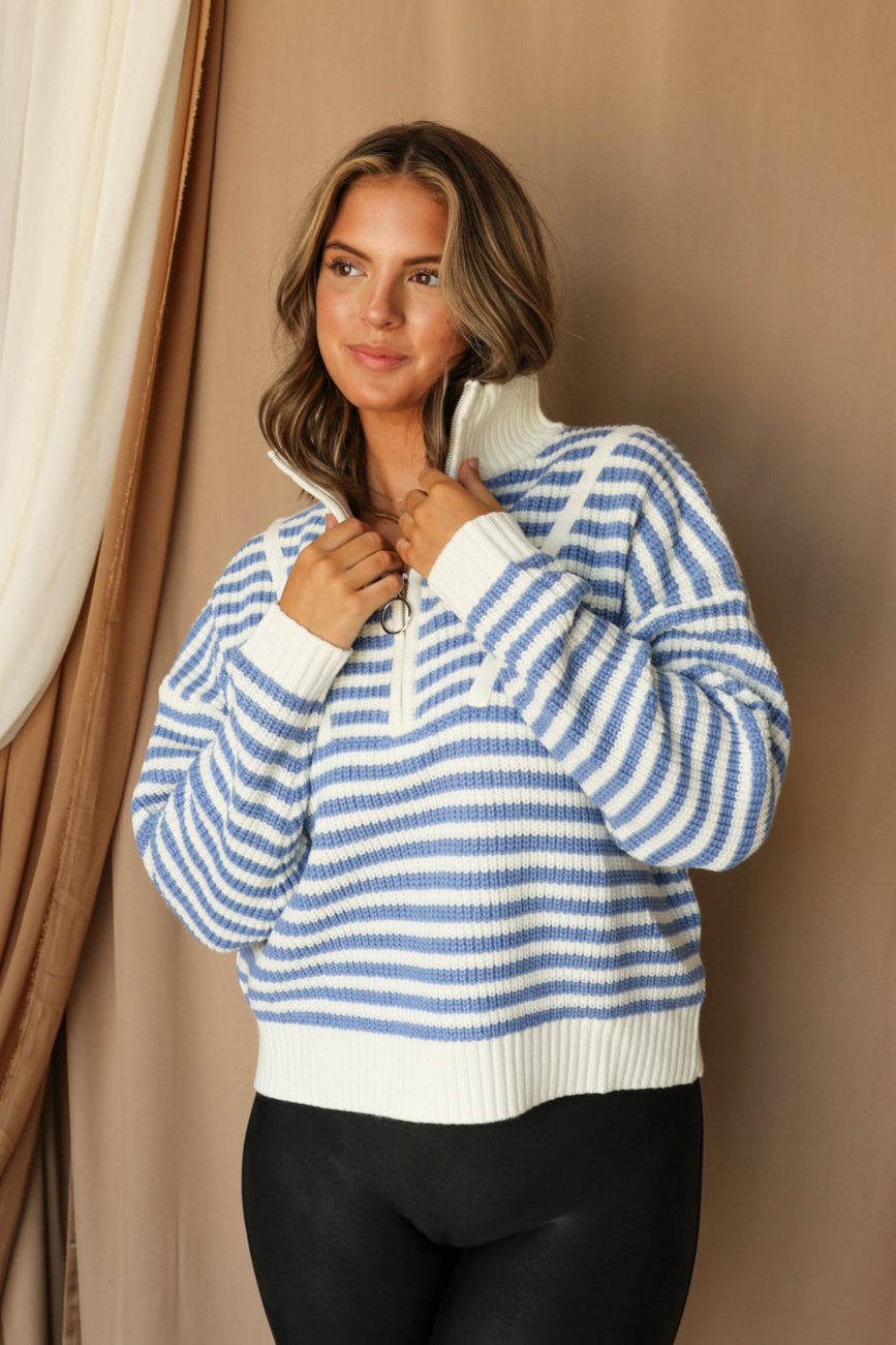 Darcy Striped Quarter-Zip Sweater - Blue - Front view