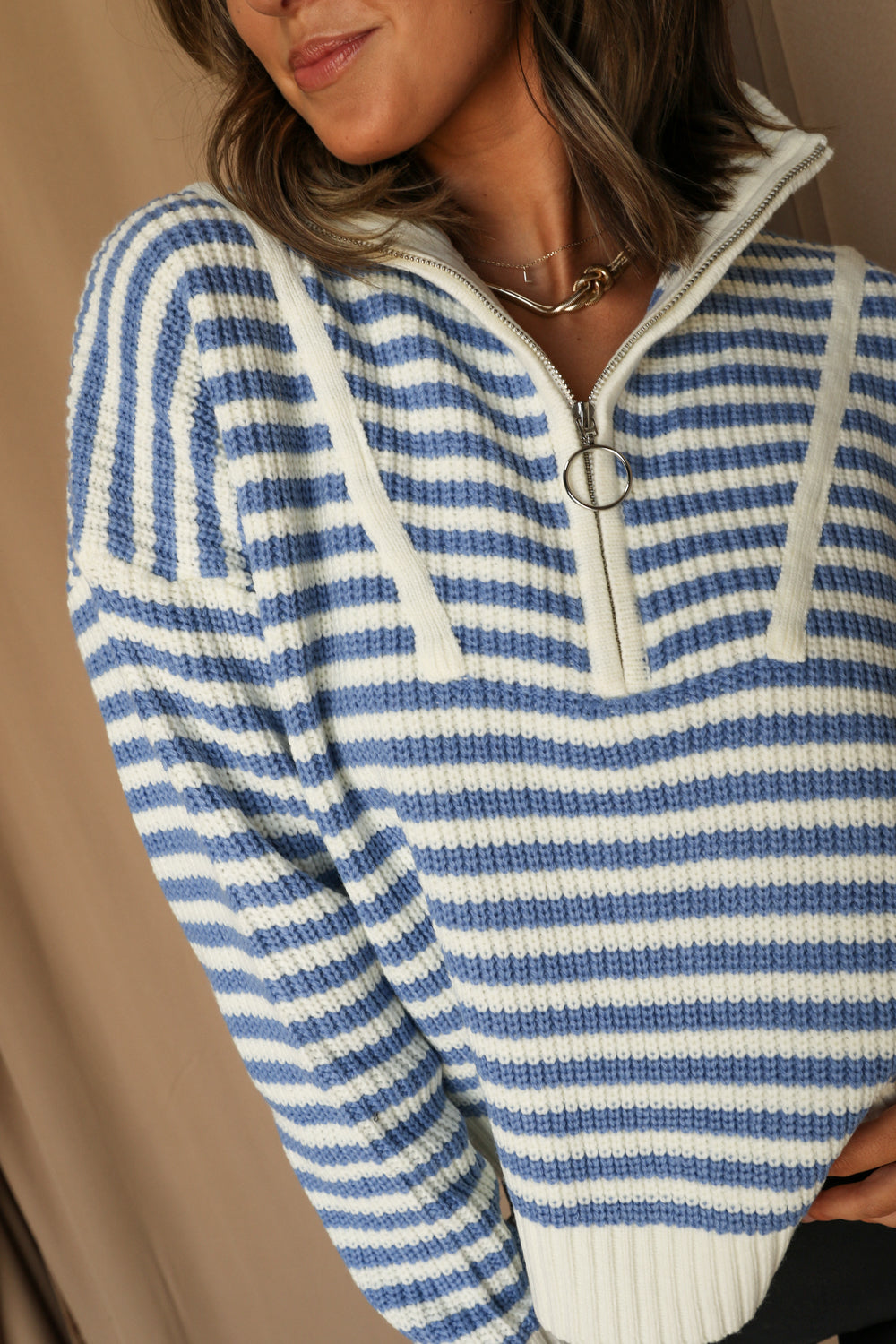 Darcy Striped Quarter-Zip Sweater - Blue - Close Front view