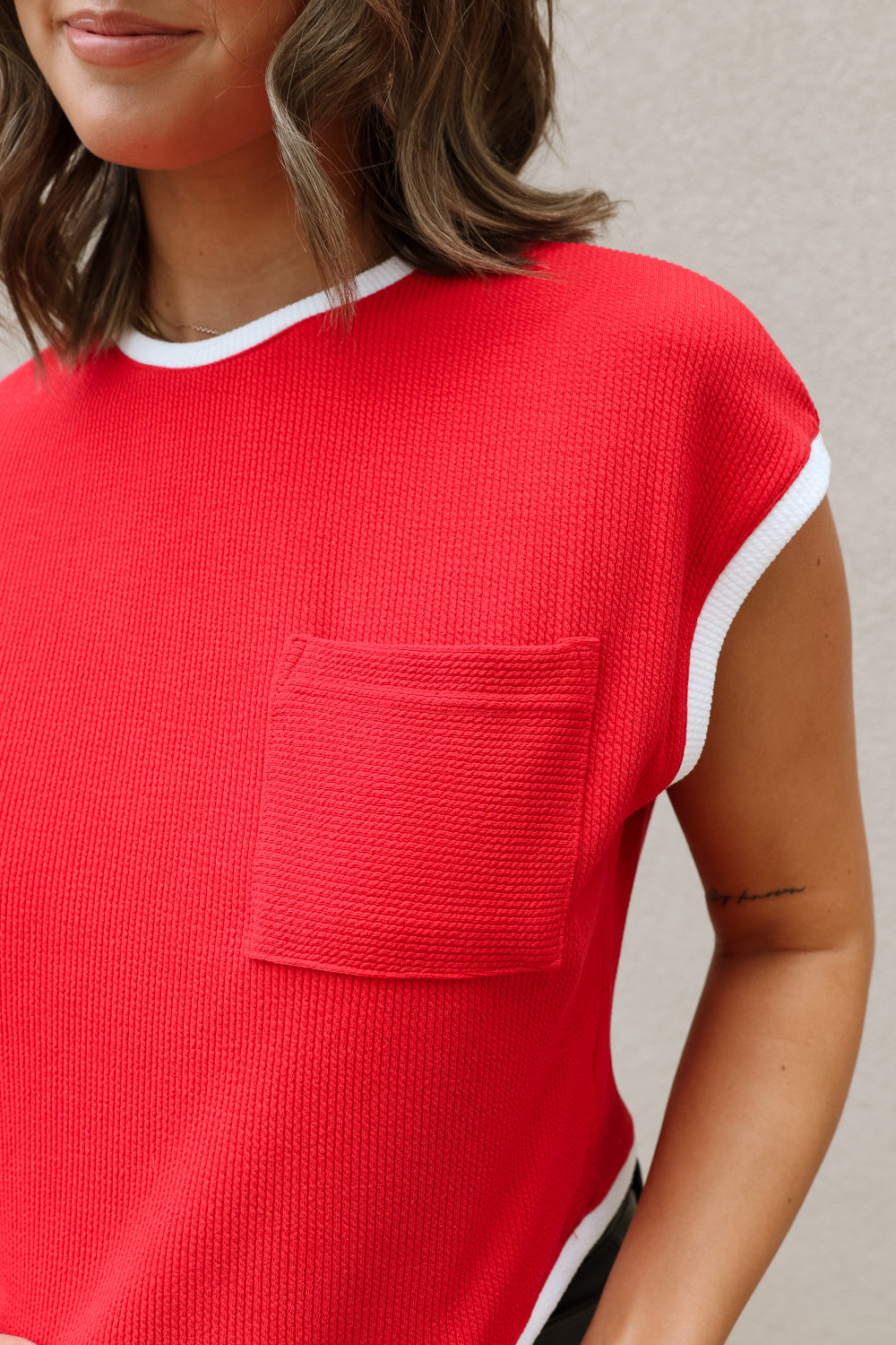 Heidi Short Sleeve Top - Red - Close up view