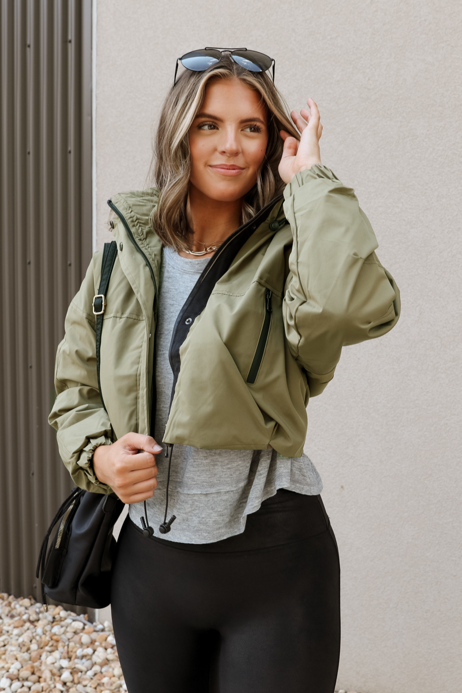 Brittany Olive Green Puffer Cropped Jacket- front view