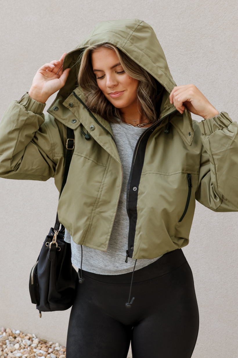 Brittany Olive Green Puffer Cropped Jacket- frontal view