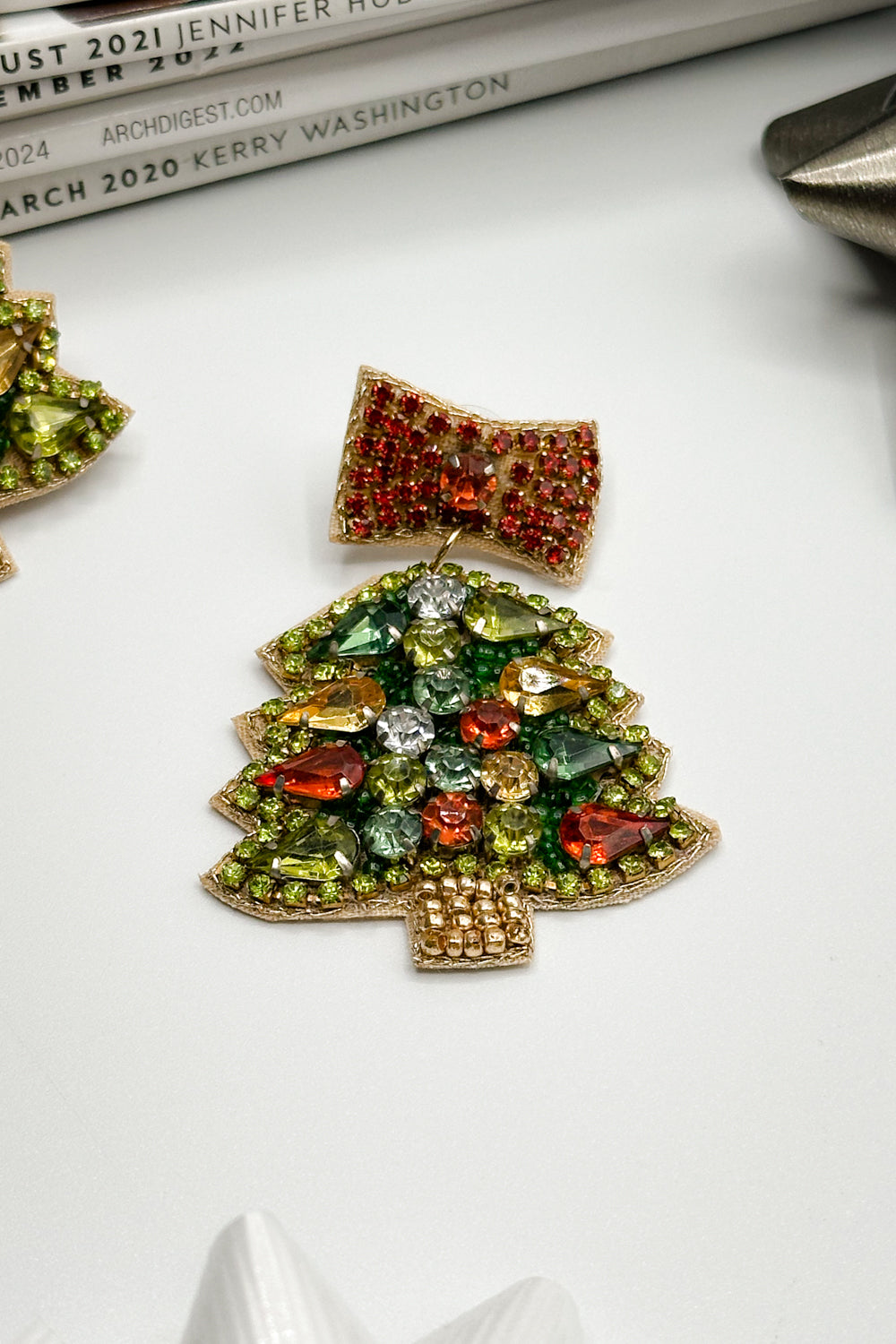 Christmas Tree Gold & Multi Dangle Earring- close up front view