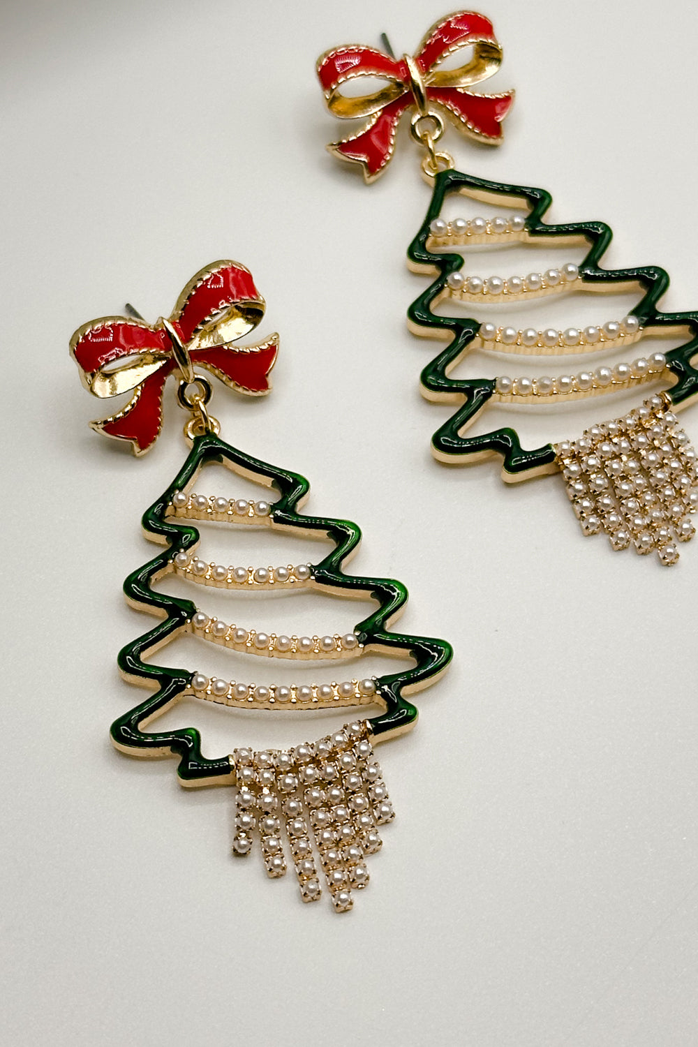 Christmas Tree & Pearls Multi Dangle Earring- close up flat lay view