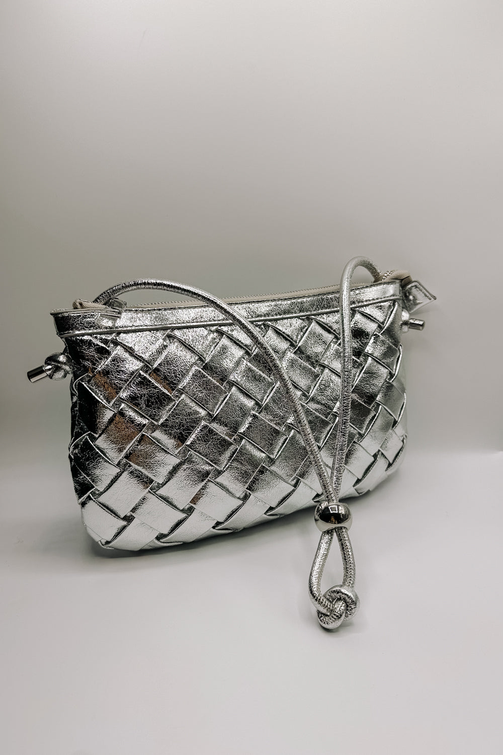 Regina Silver Woven Purse- front view