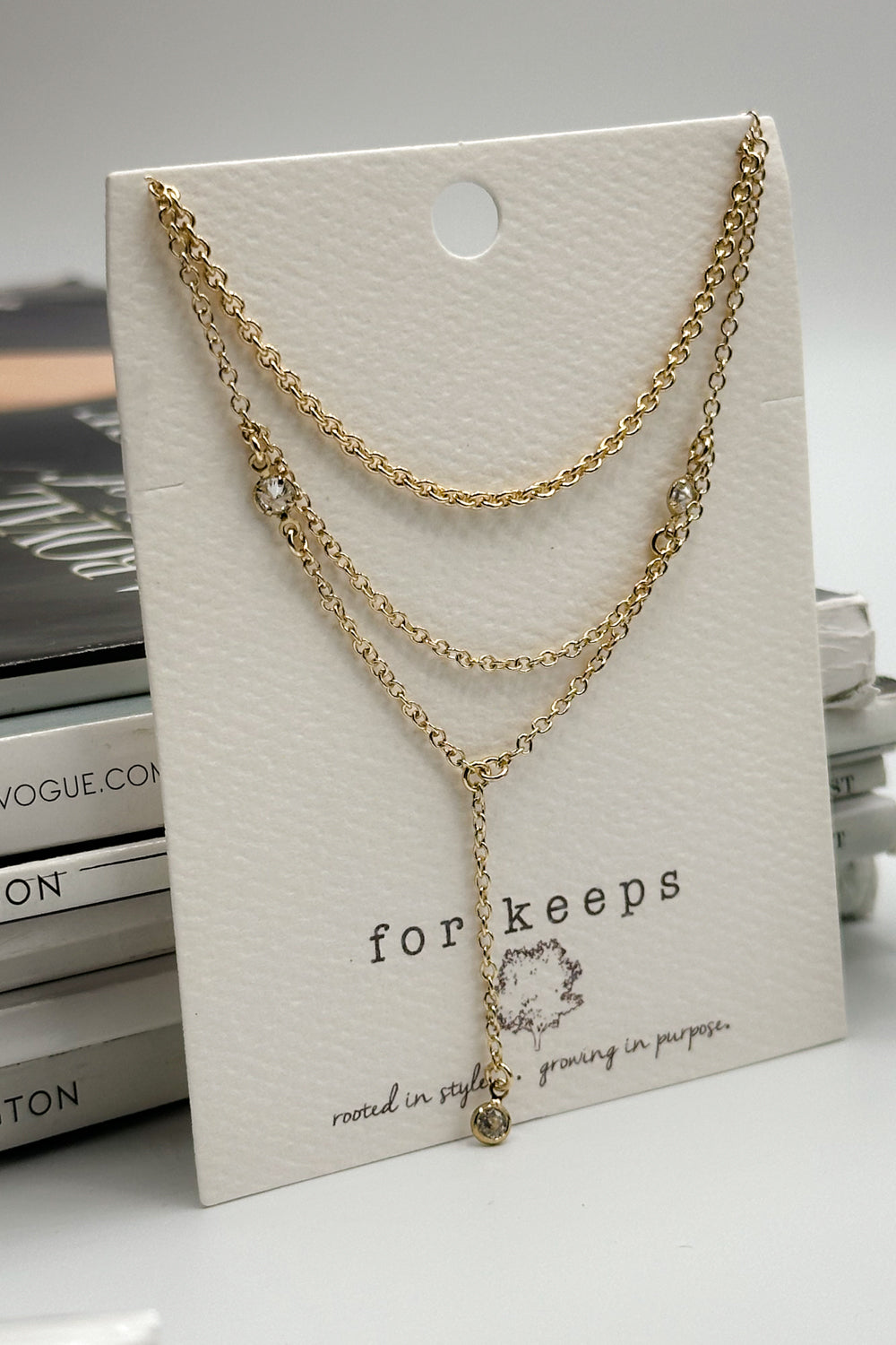 Eve Triple Gold Chain &amp; Large Clear Stones Necklace- close up front view