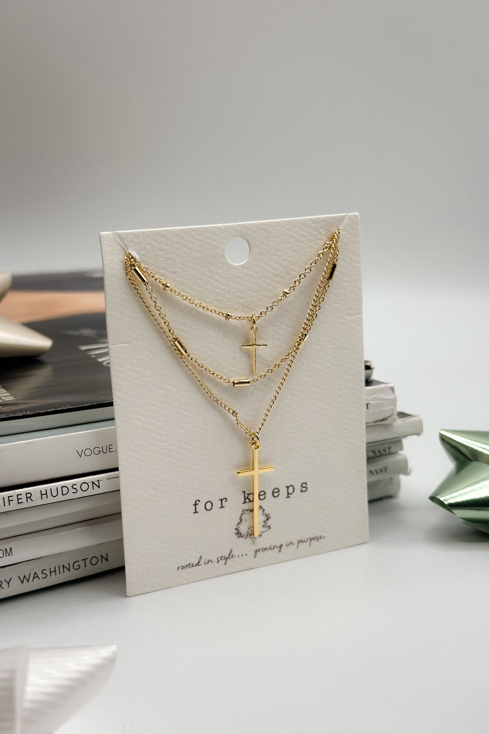 Livia Triple Layer Gold Cross Necklace- front iew